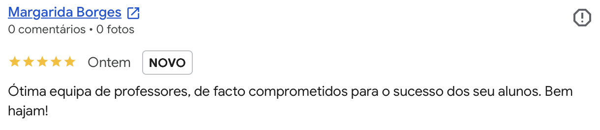 Avaliacao Google 5 estrelas de Margarida Borges: otima equipa de professores comprometidos com o sucesso dos alunos.